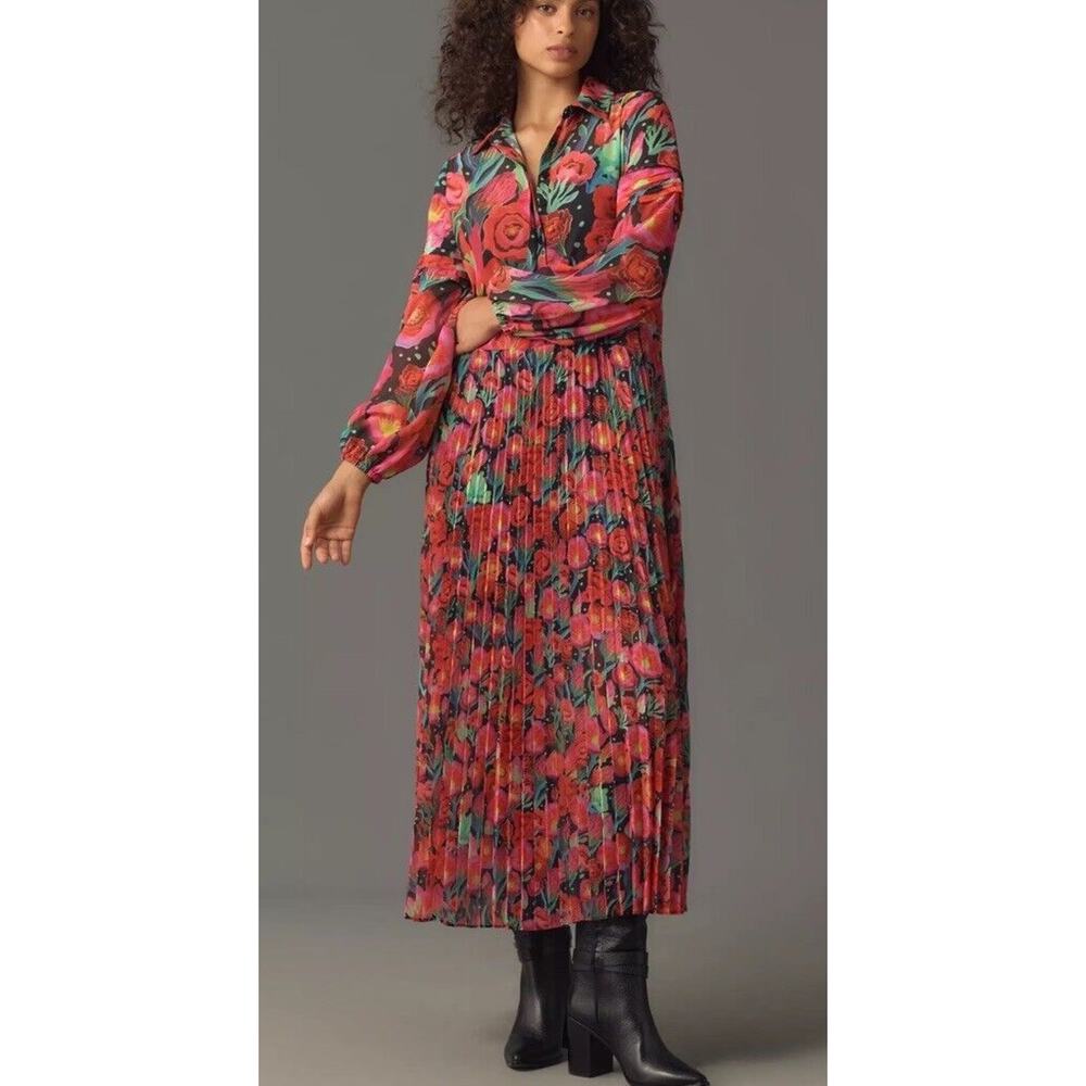 Farm Rio x Anthropologie Pleated Drop-Waist Maxi Dress All Over Vibrant Floral